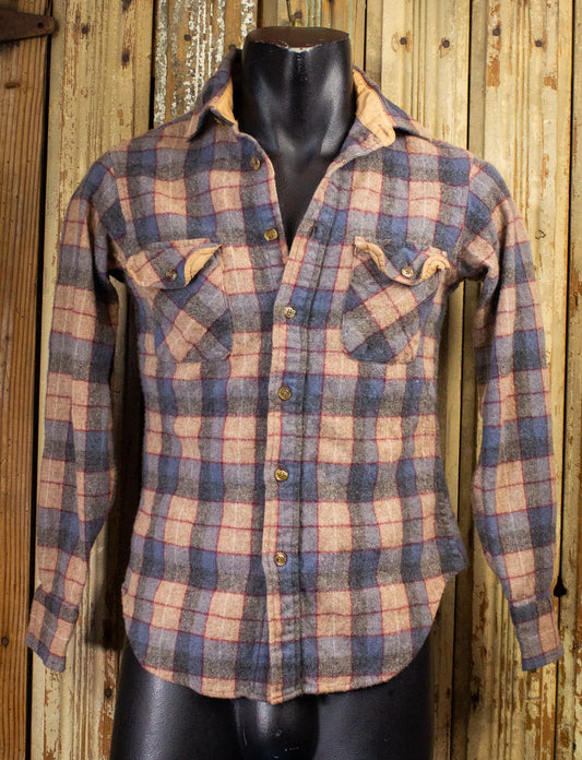 Vintage Tan and Blue Plaid Flannel Shirt Small