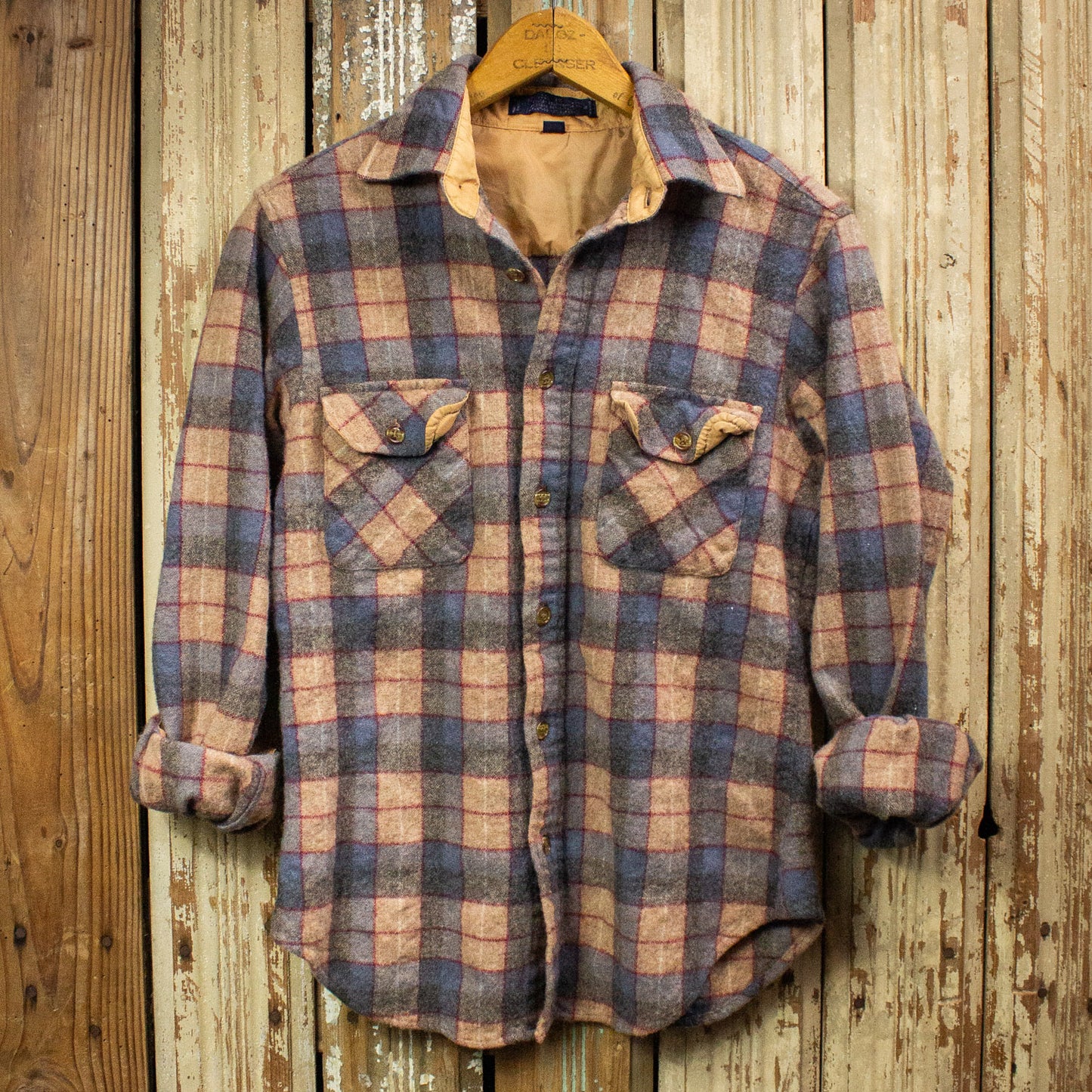 Vintage Tan and Blue Plaid Flannel Shirt Small