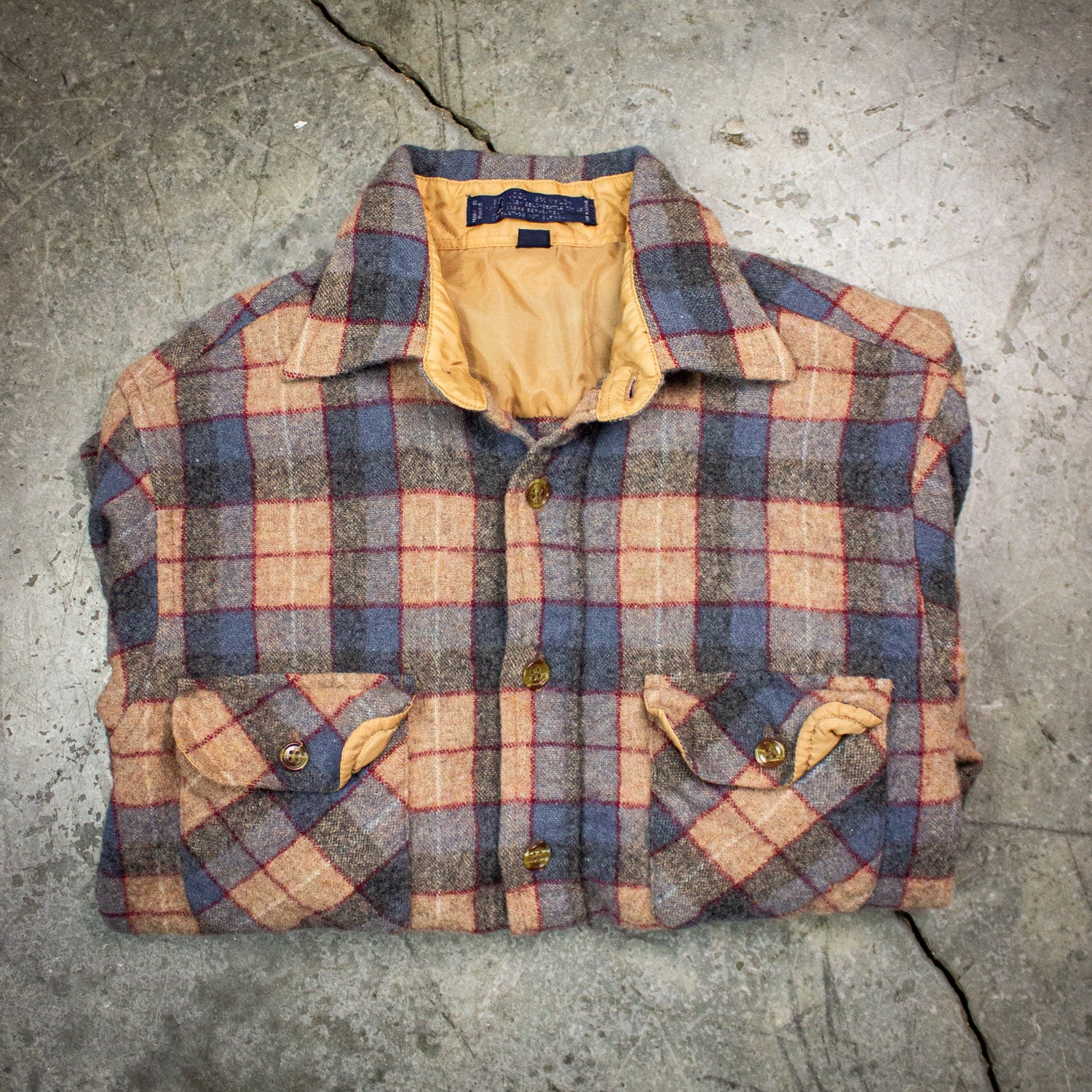 Vintage Tan and Blue Plaid Flannel Shirt Small