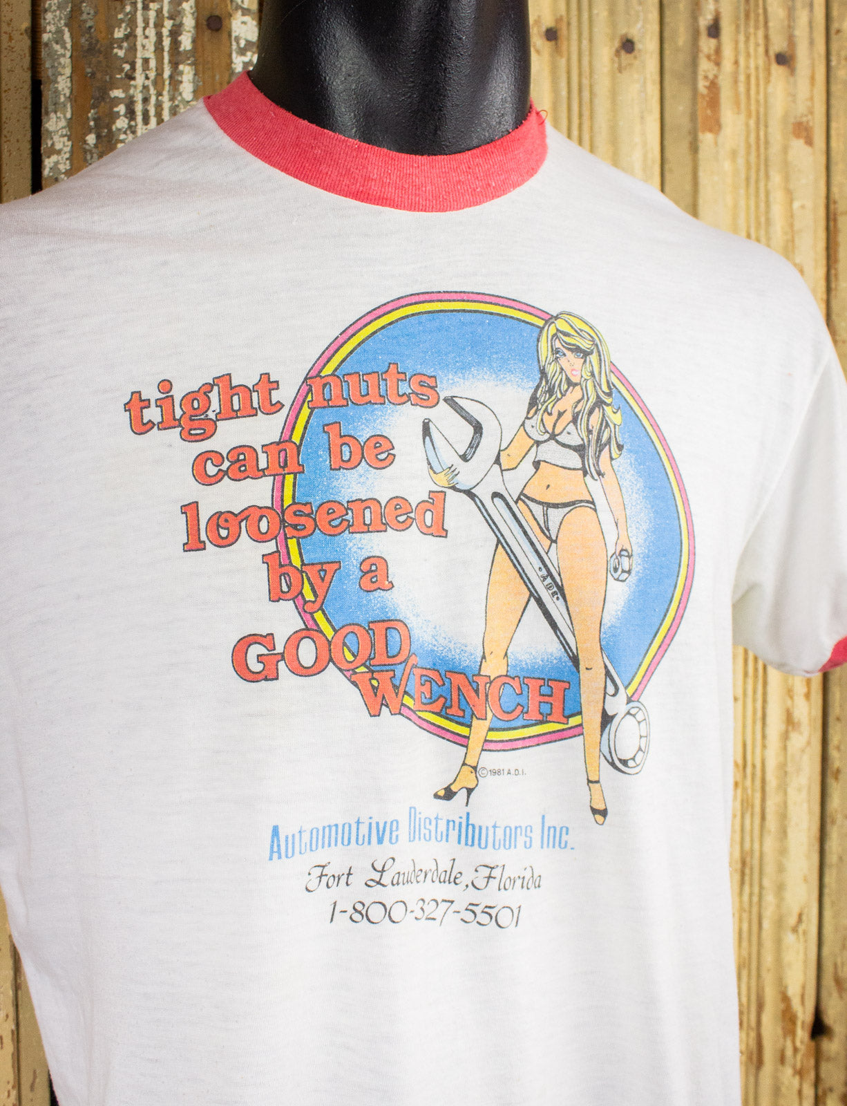 Vintage Tight Nuts Can Be Loosened By A Good Wench Graphic Ringer T Shirt 1981 XL