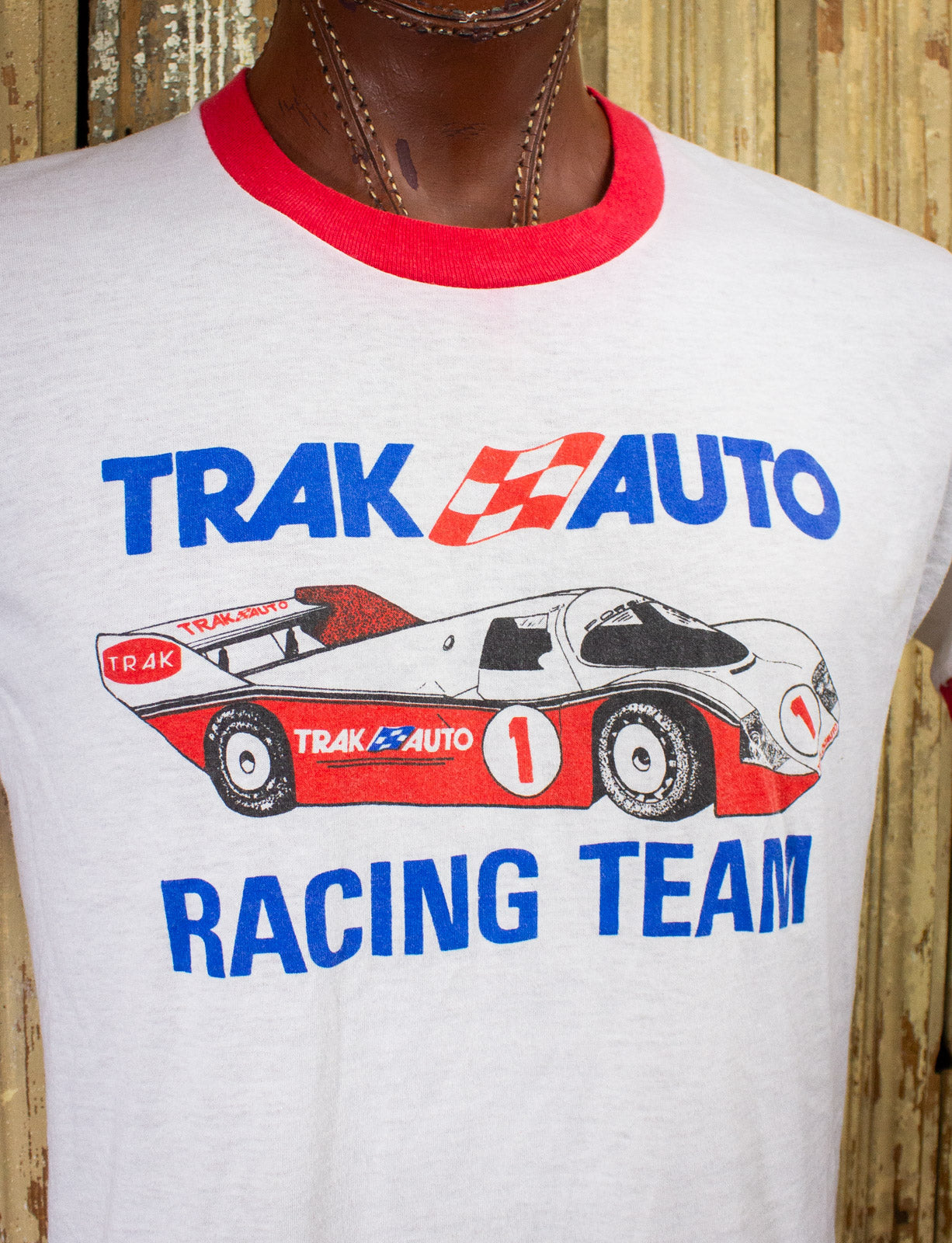 Vintage Trak Auto Racing Team Graphic Ringer T Shirt 80s White/Red Large