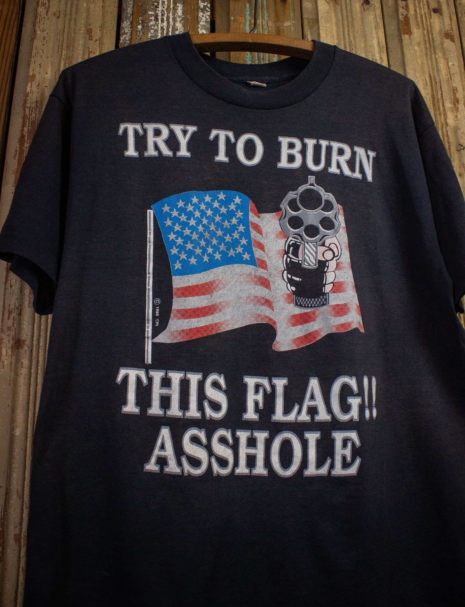 Vintage Try To Burn This Flag Graphic T Shirt 1990 Black Medium