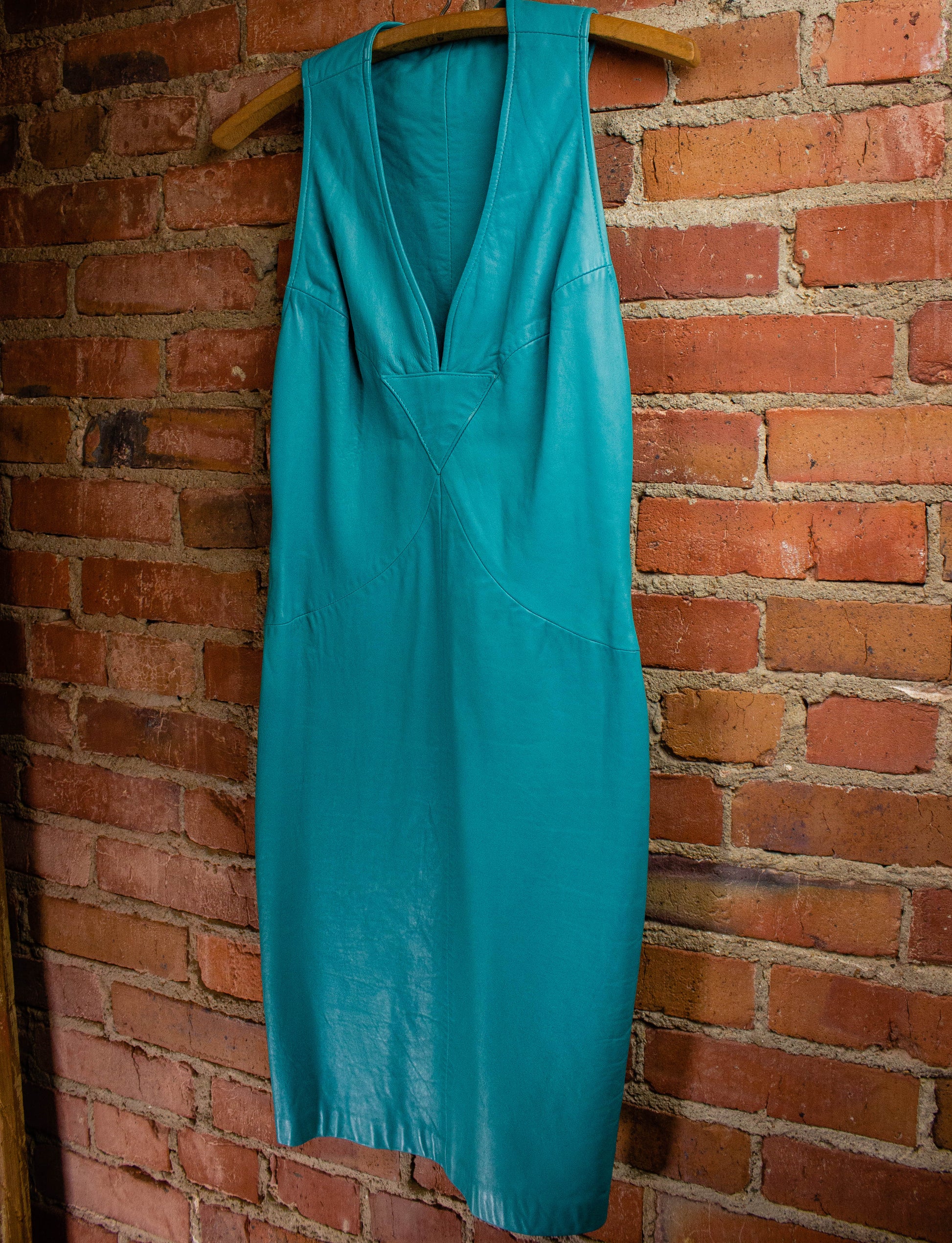 Vintage Michael Hoban For North Beach Turquoise Sleeveless Leather Dress S