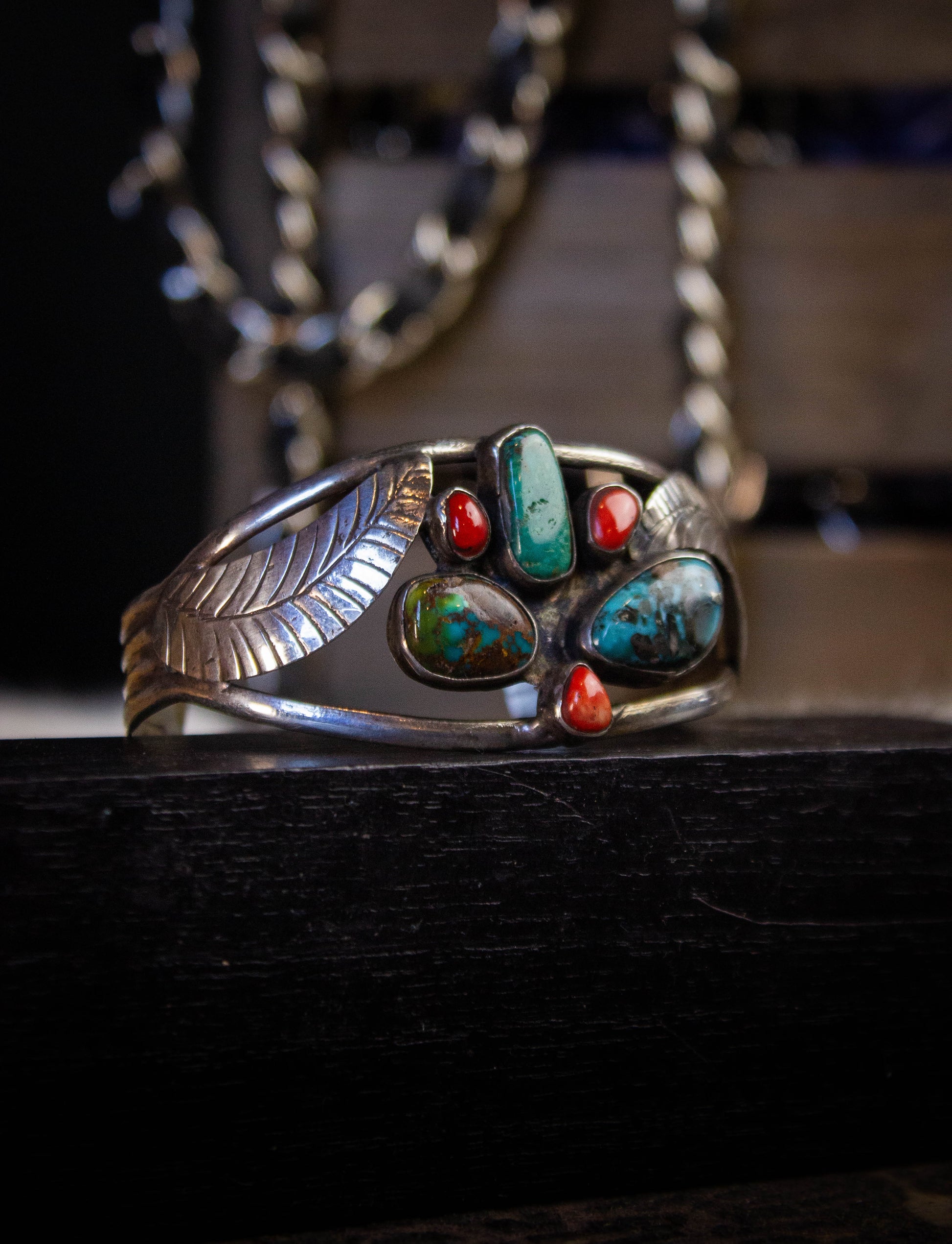 Vintage Turquoise and Coral Sterling Silver Cuff