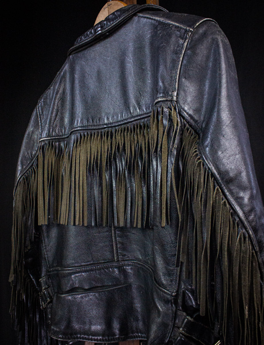 Vintage UK Fringe Black Leather Jacket 70s XS