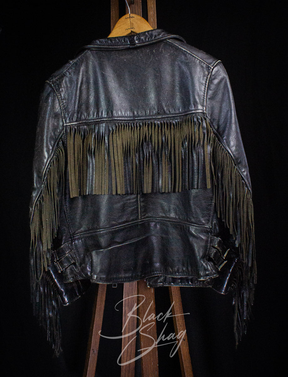 Vintage UK Fringe Black Leather Jacket 70s XS