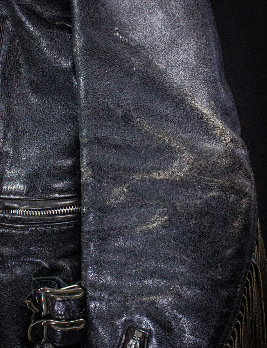 Vintage UK Fringe Black Leather Jacket 70s XS