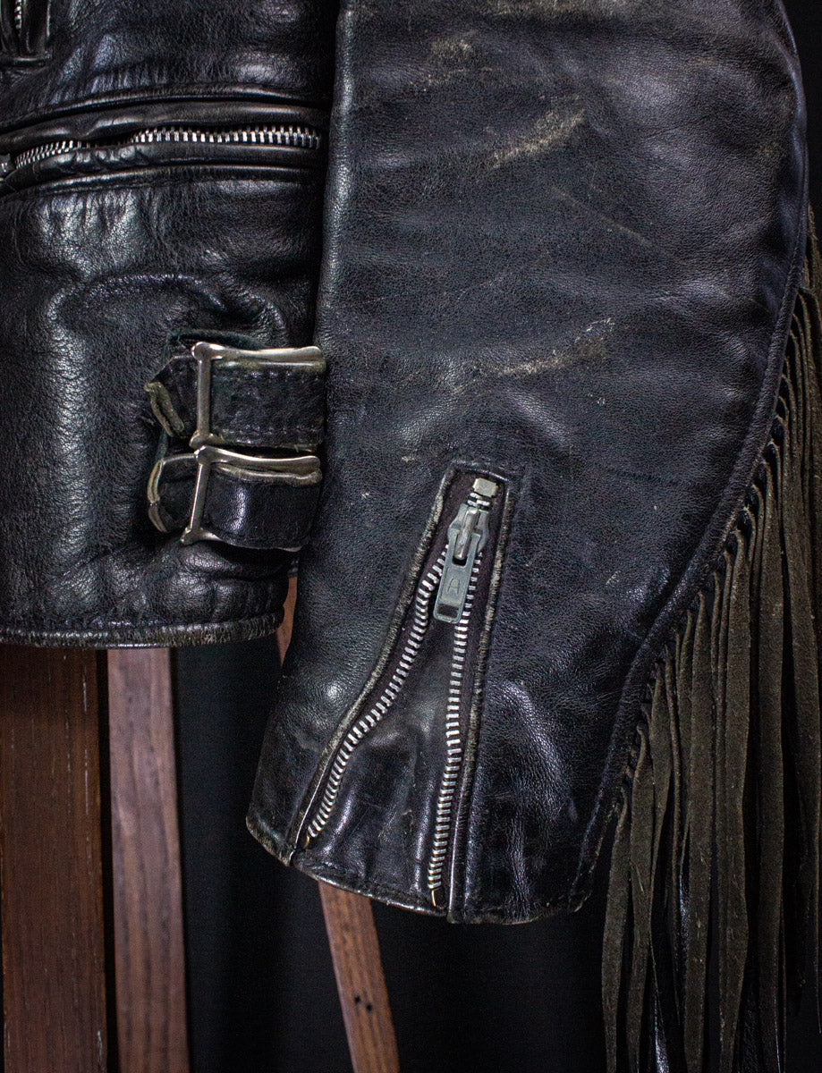 Vintage UK Fringe Black Leather Jacket 70s XS