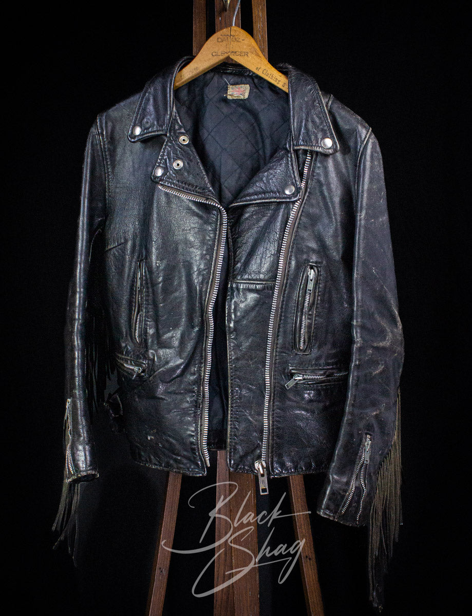 Vintage UK Fringe Black Leather Jacket 70s XS