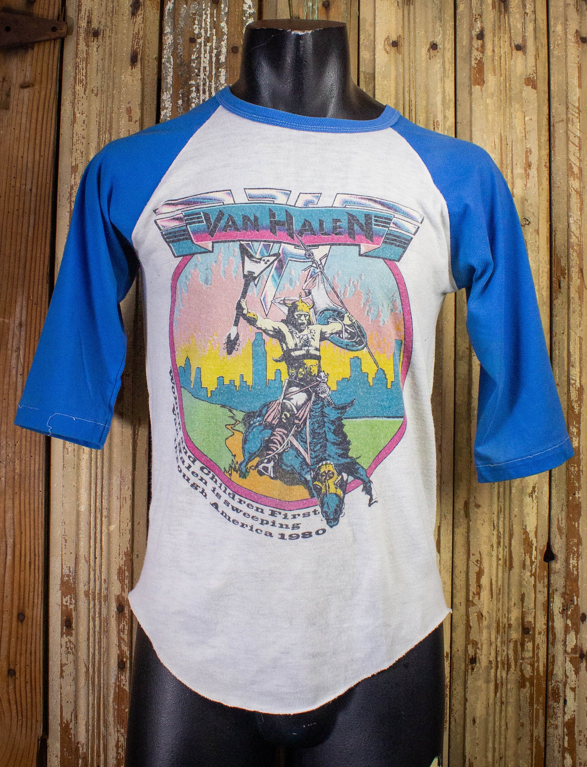 Vintage Van Halen Women and Children First Raglan Concert T Shirt 1980 White/Blue Medium