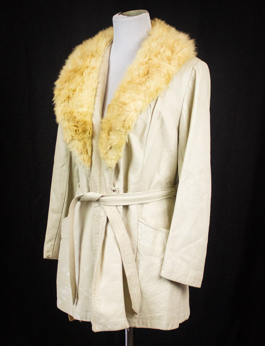 Vintage Women's White Leather Coat with Fur Collar 70s Small