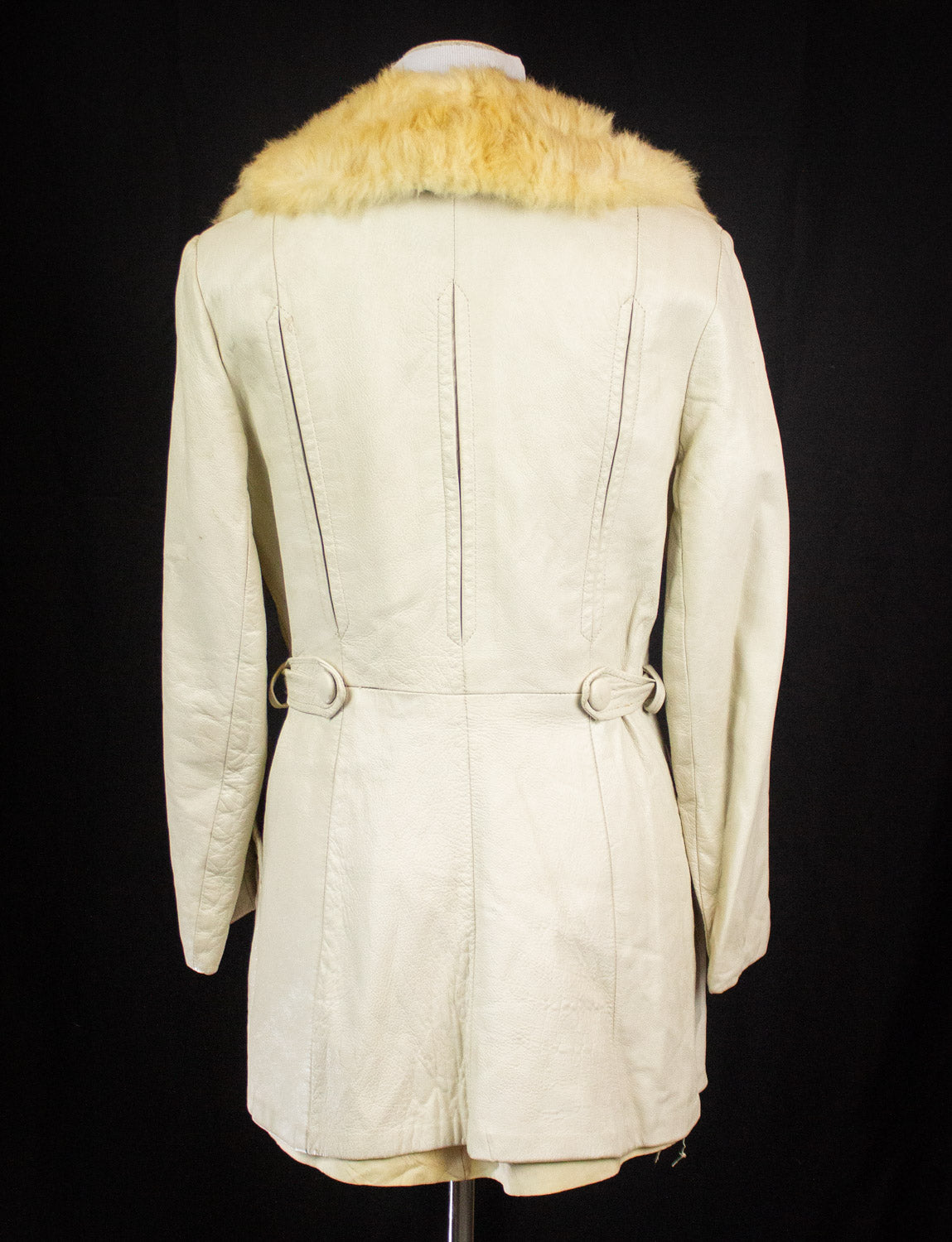 Vintage Women's White Leather Coat with Fur Collar 70s Small