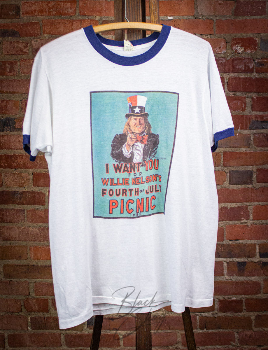 Vintage Willie Nelson 4th of July Picnic Uncle Sam Concert Ringer T Shirt 1983 Large