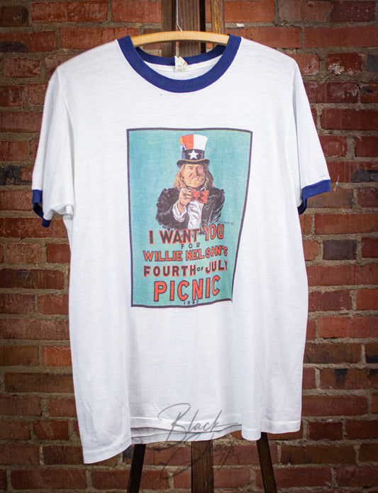 Vintage Willie Nelson 4th of July Picnic Uncle Sam Concert Ringer T Shirt 1983 Large
