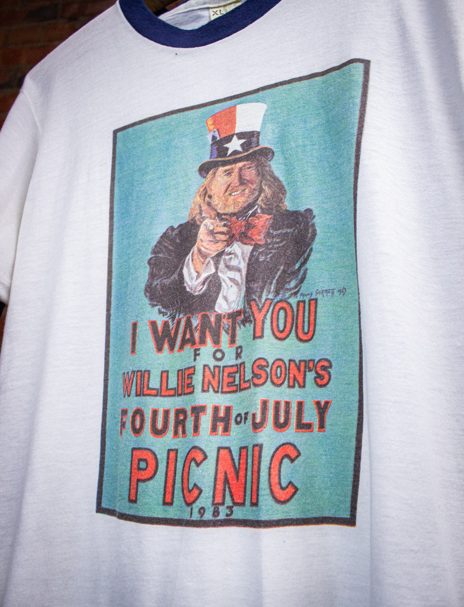 Vintage Willie Nelson 4th of July Picnic Uncle Sam Concert Ringer T Shirt 1983 Large
