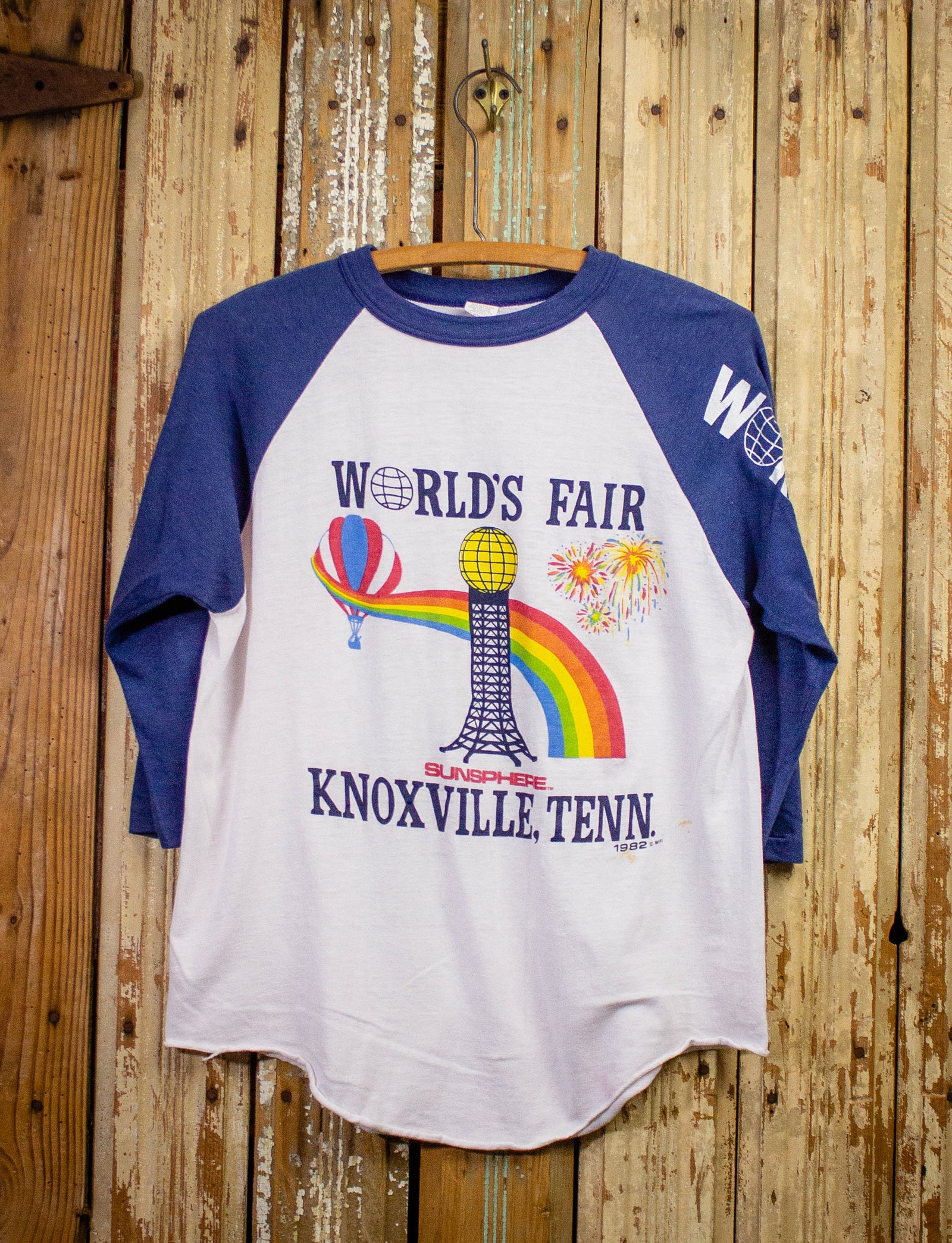 Vintage World's Fair Graphic Raglan T Shirt 1982 White/Blue Medium