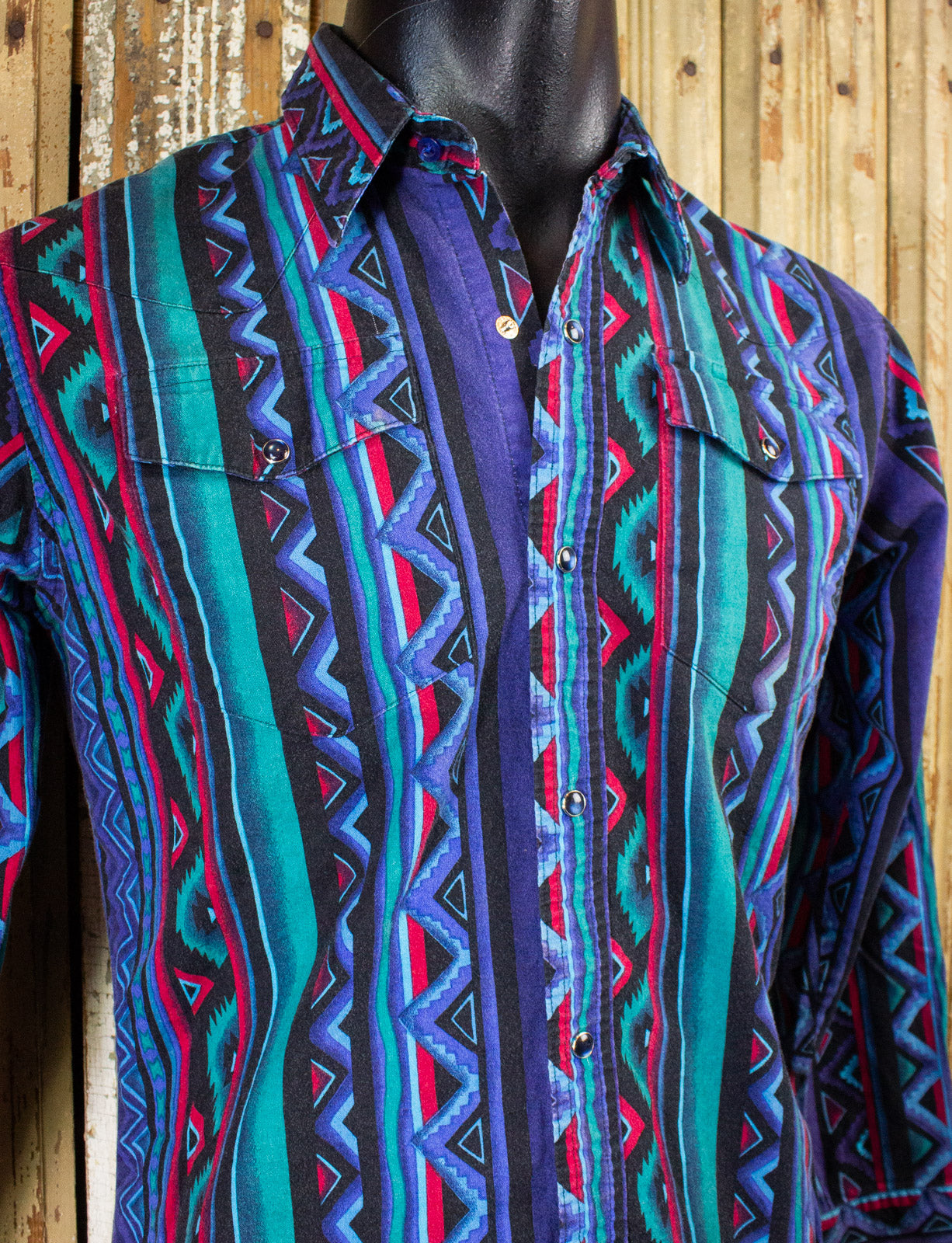 Vintage Wrangler Aztec Print Pearl Snap Western Shirt Blue Small