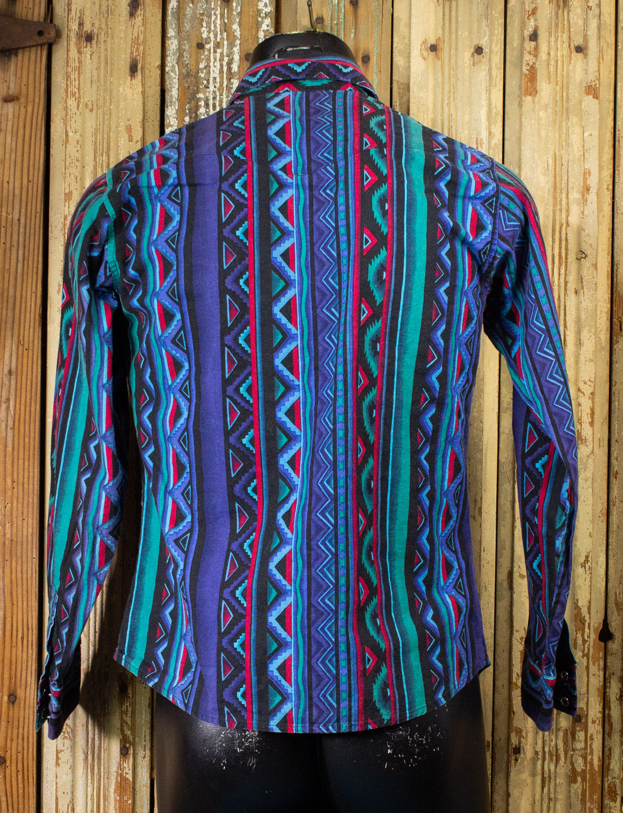 Vintage Wrangler Aztec Print Pearl Snap Western Shirt Blue Small