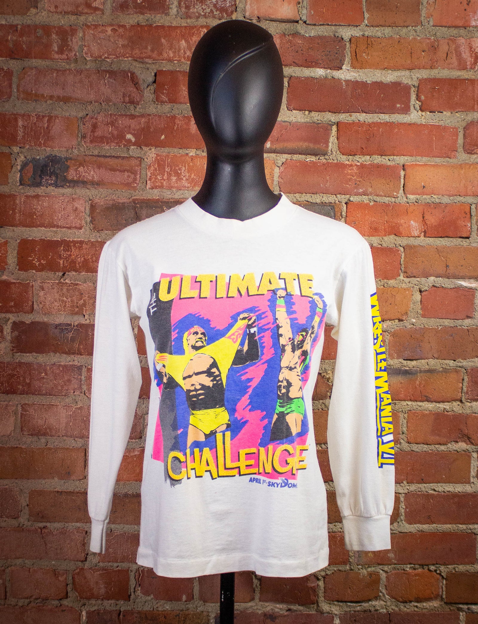 Vintage WWF Wrestlemania Ultimate Challenge Long Sleeve Graphic T Shirt 1990 White XS