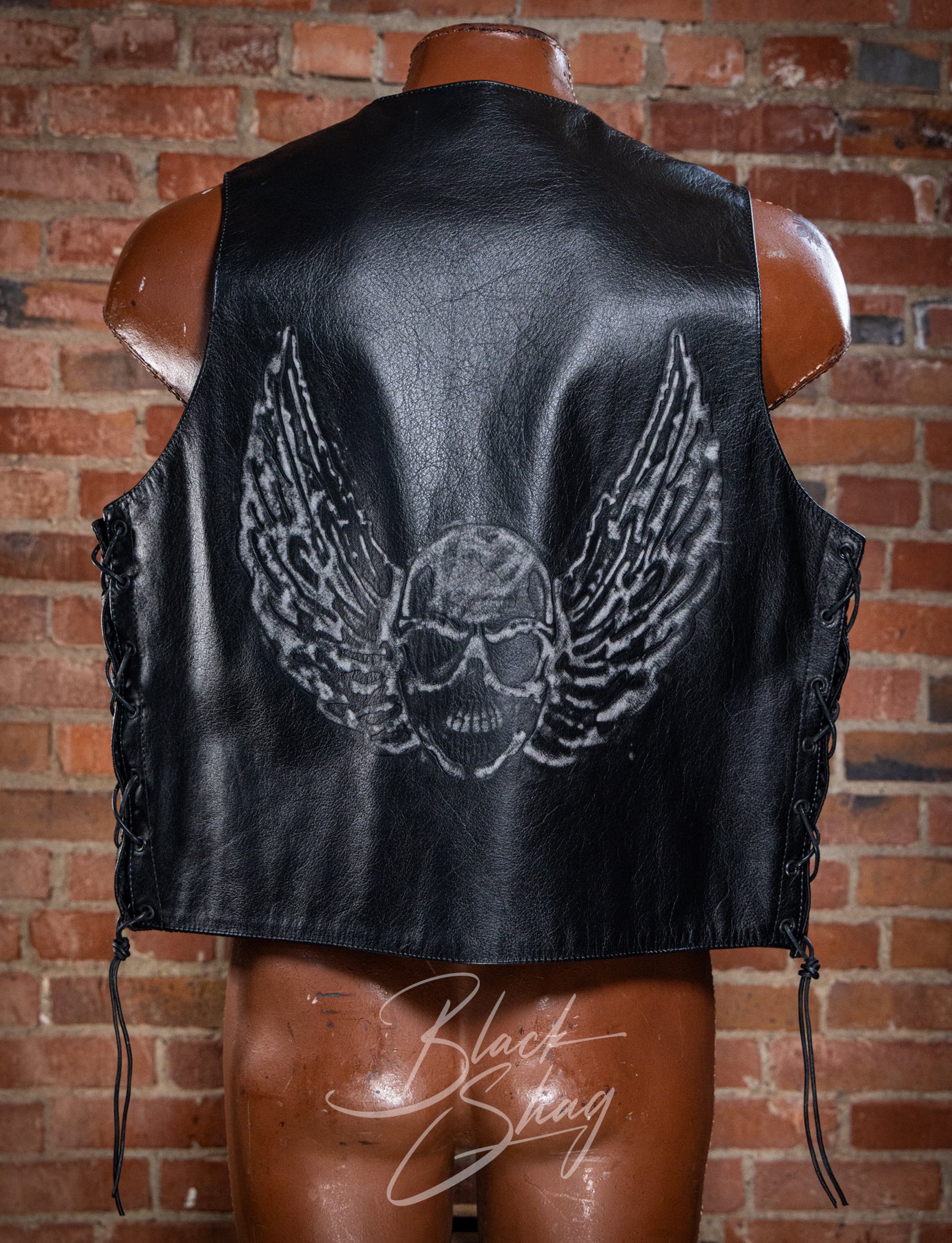 Vintage X Element Skull & Wings Leather Vest XL – Black Shag Vintage