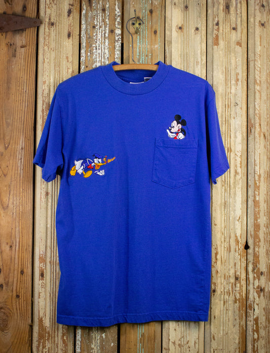 Vintage Disney Micky Mouse and Donald Duck Pocket Graphic T Shirt 90s Blue Medium