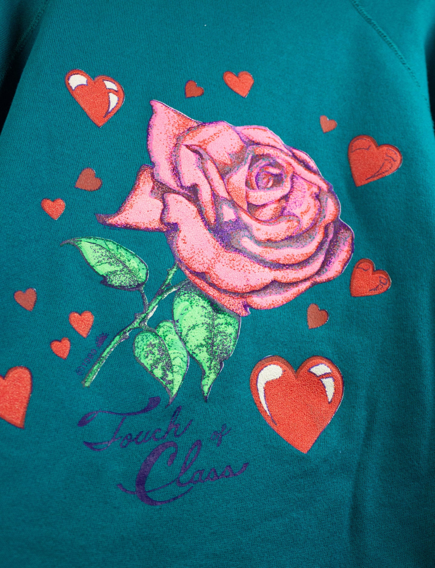 Vintage 1989 "Touch of Class" Rose Cropped Sweatshirt Teal XL
