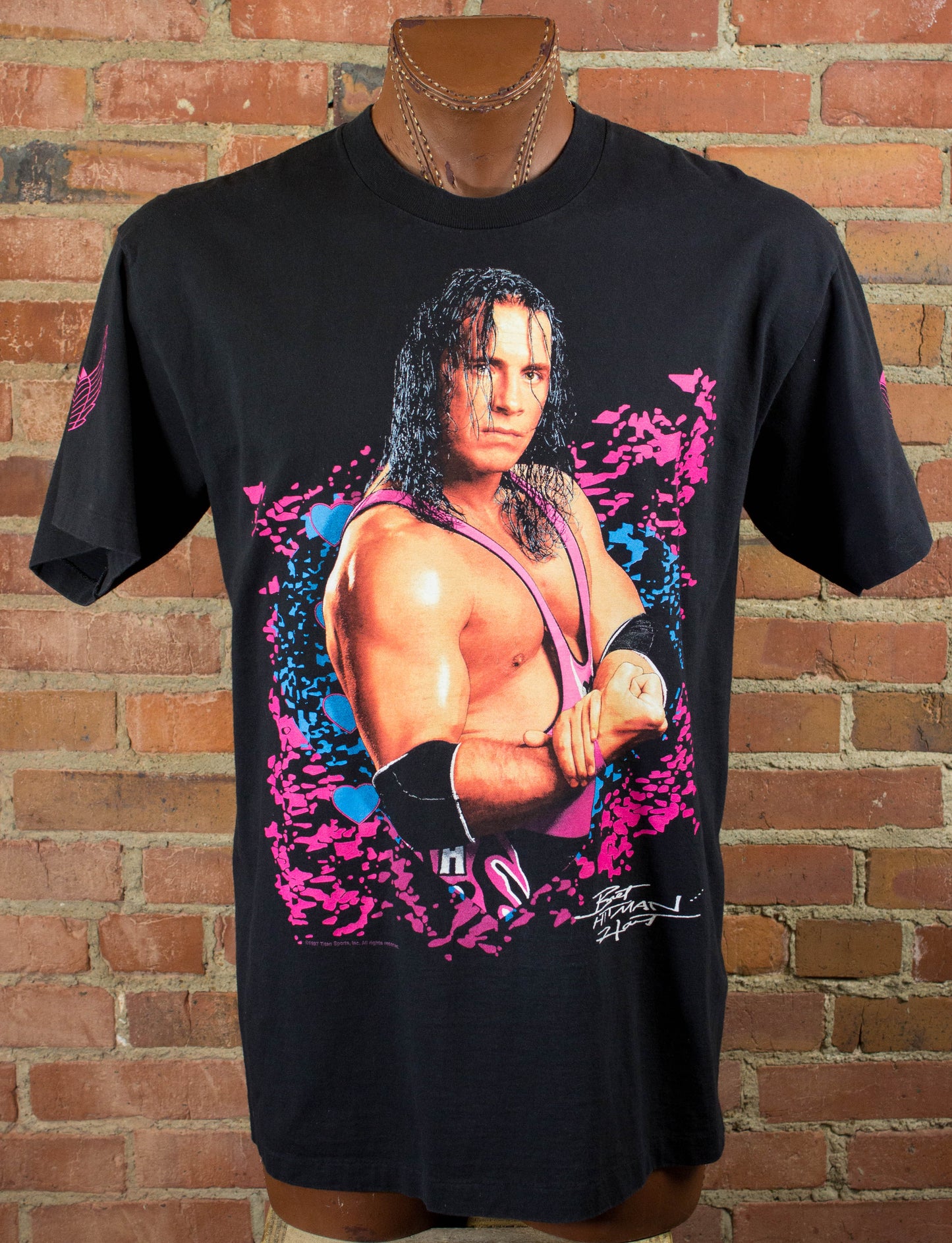 Vintage 1997 WWF Bret Hitman Hart Black Wrestling Graphic T Shirt Large