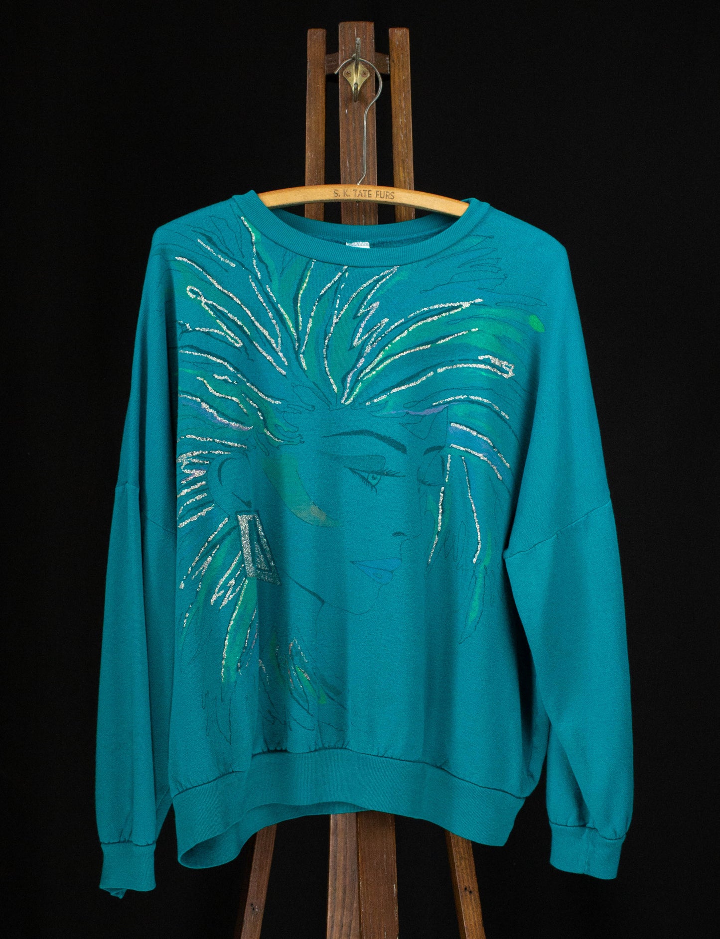 Vintage 80s Turquoise Female Portrait in Glitter Crewneck Sweatshirt L/XL