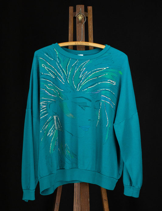 Vintage 80s Turquoise Female Portrait in Glitter Crewneck Sweatshirt L/XL