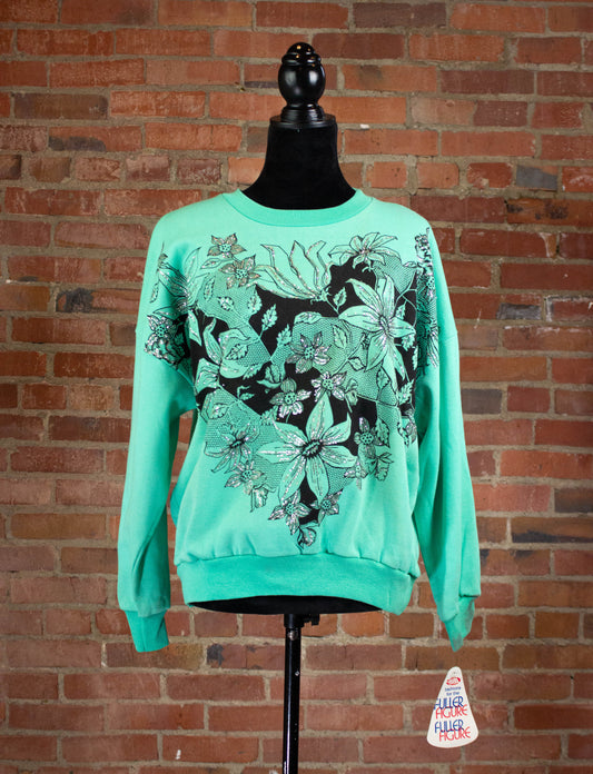 Vintage 90s Anne Richards Deadstock Green Floral Sparkle Crewneck Sweatshirt Medium