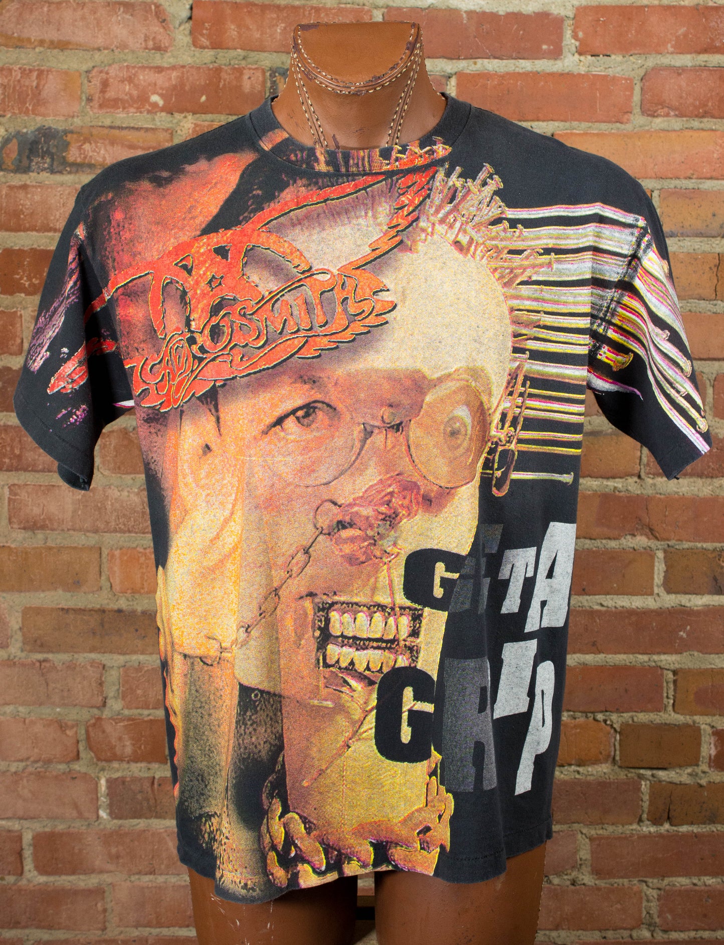 Vintage Aerosmith 1994 Get a Grip Skull All Over Print Black Concert T Shirt XL