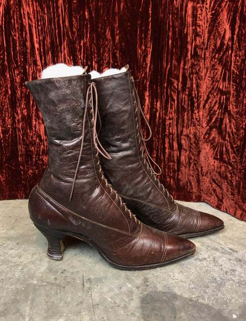 Antique Turn Of The Century Victorian Edwardian Brown Leather Lace Up Boots - Women's 7