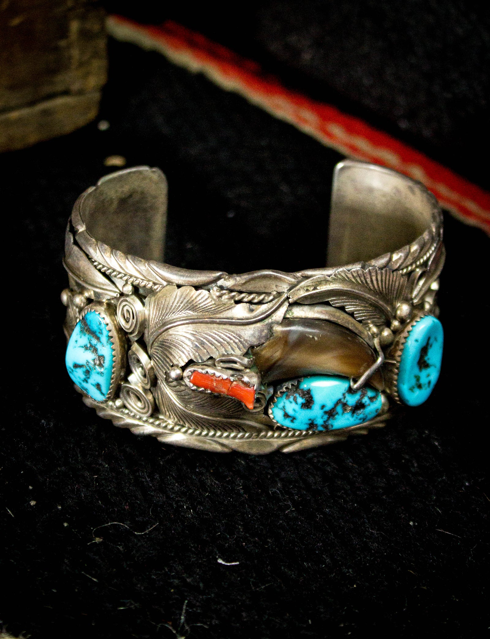 Vintage Sterling Silver Turquoise Coral & Bear Claw Cuff Bracelet