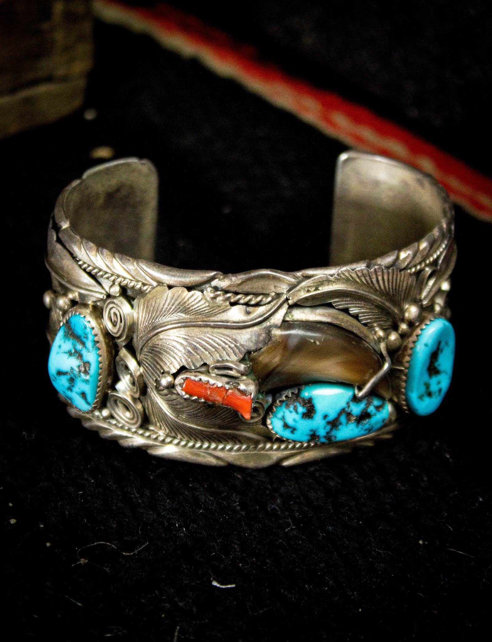 Vintage Sterling Silver Turquoise Coral & Bear Claw Cuff Bracelet