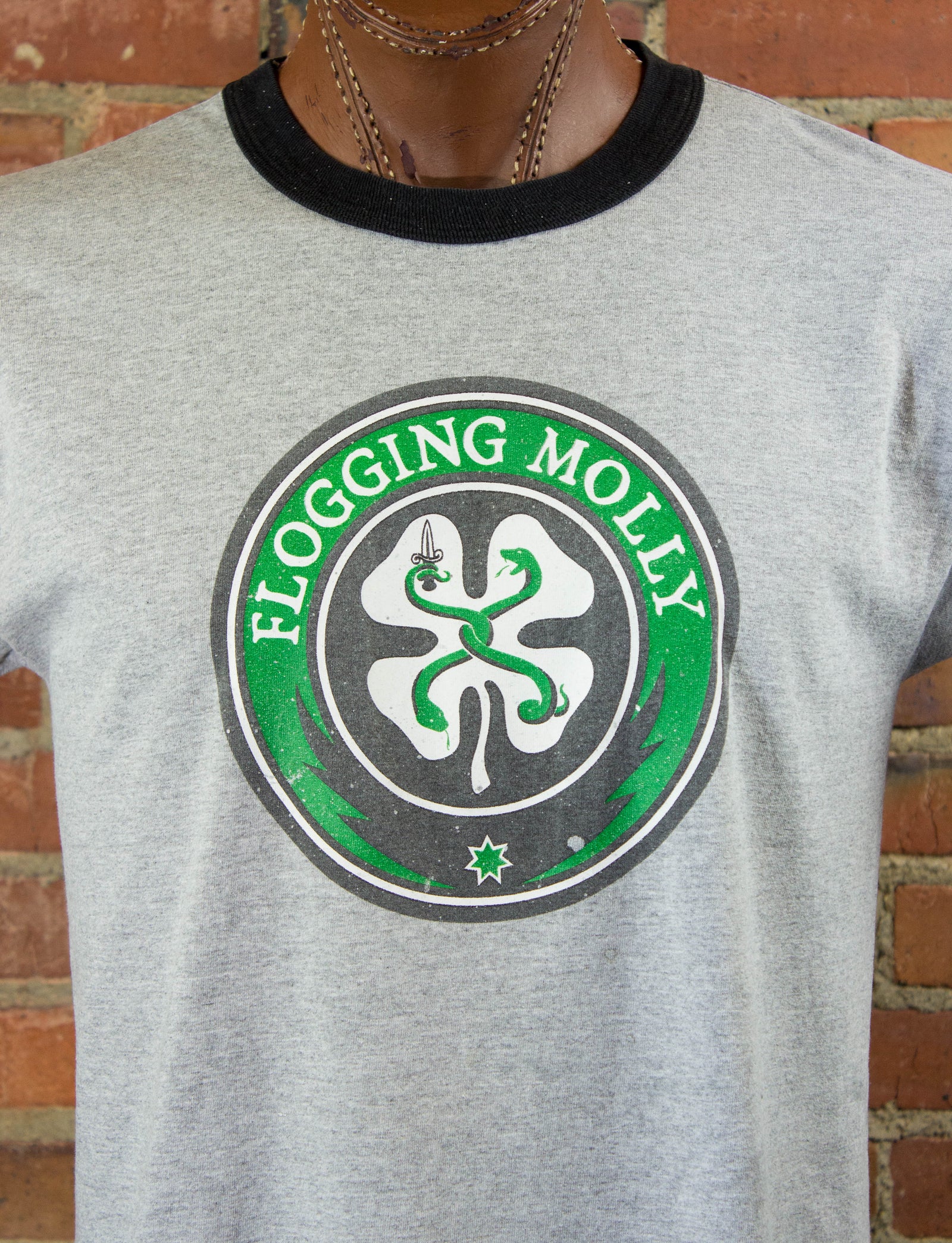 Flogging Molly 90s Shamrock Logo Grey Ringer Concert T Shirt Unisex Large