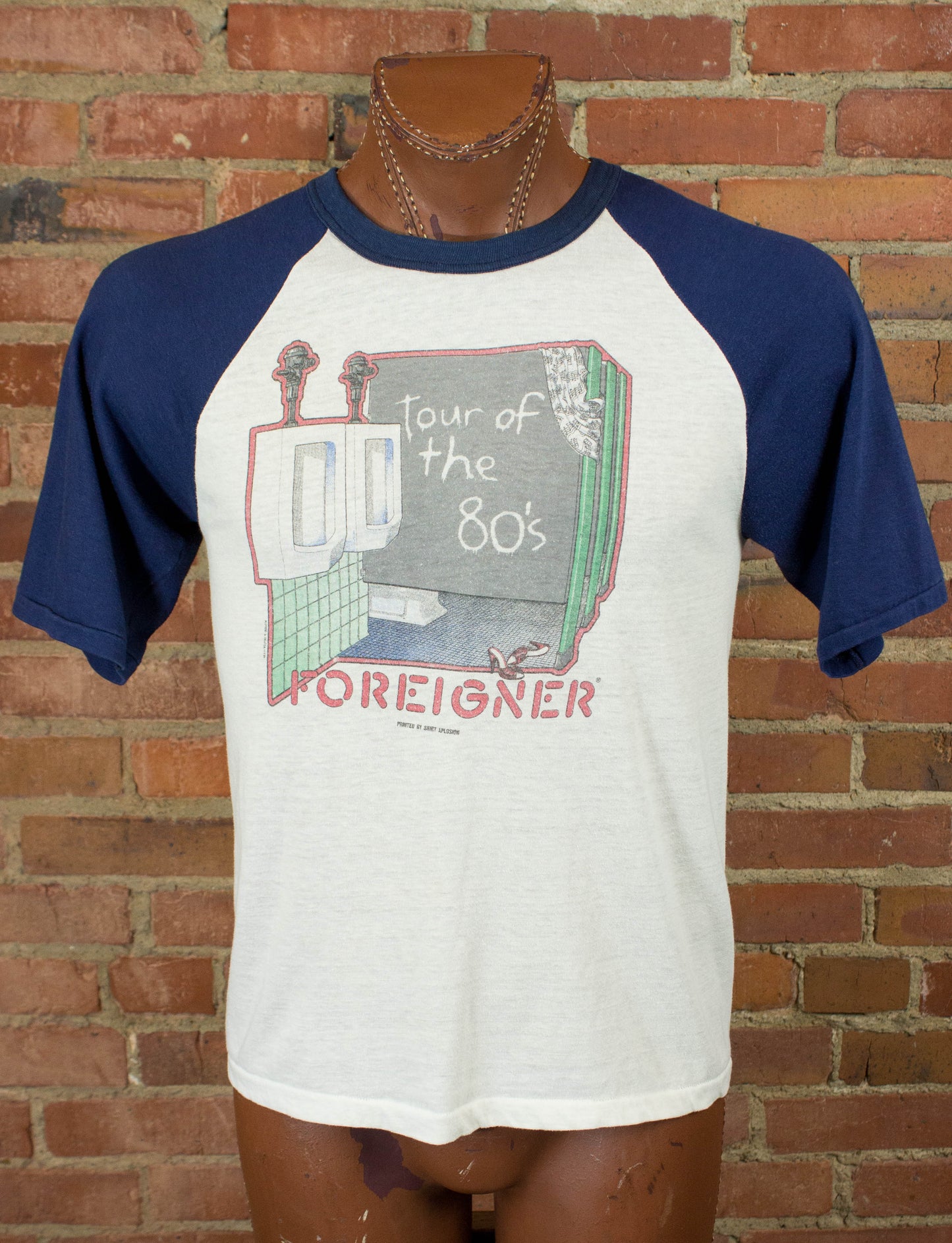 Foreigner 80s Tour of the 80s Urinals Head Games White and Navy Blue Raglan Jersey Concert T Shirt Unisex Medium