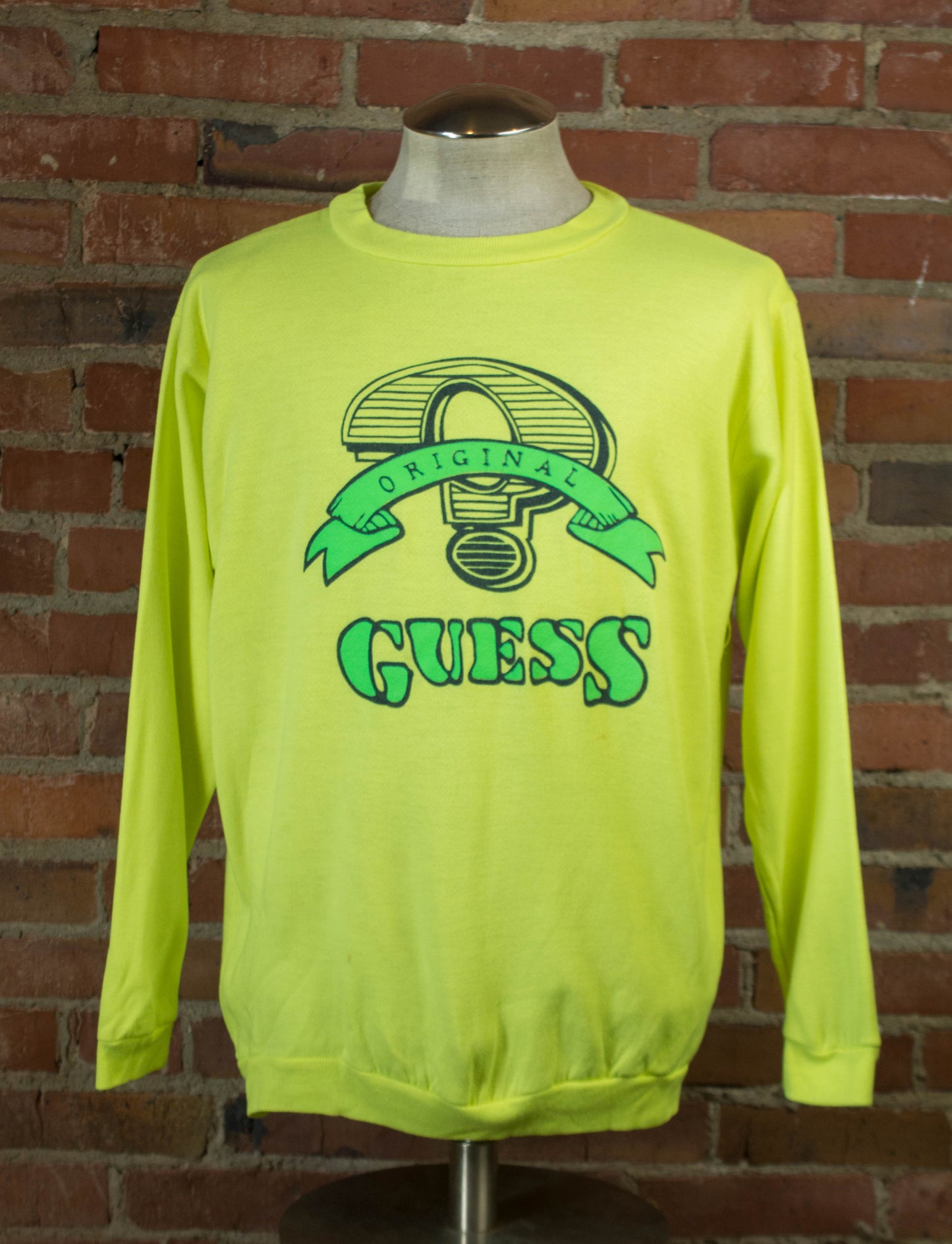 Vintage 80s Guess Neon Yellow Sweatshirt With Neon Green Puffy Print Graphic Unisex  XL