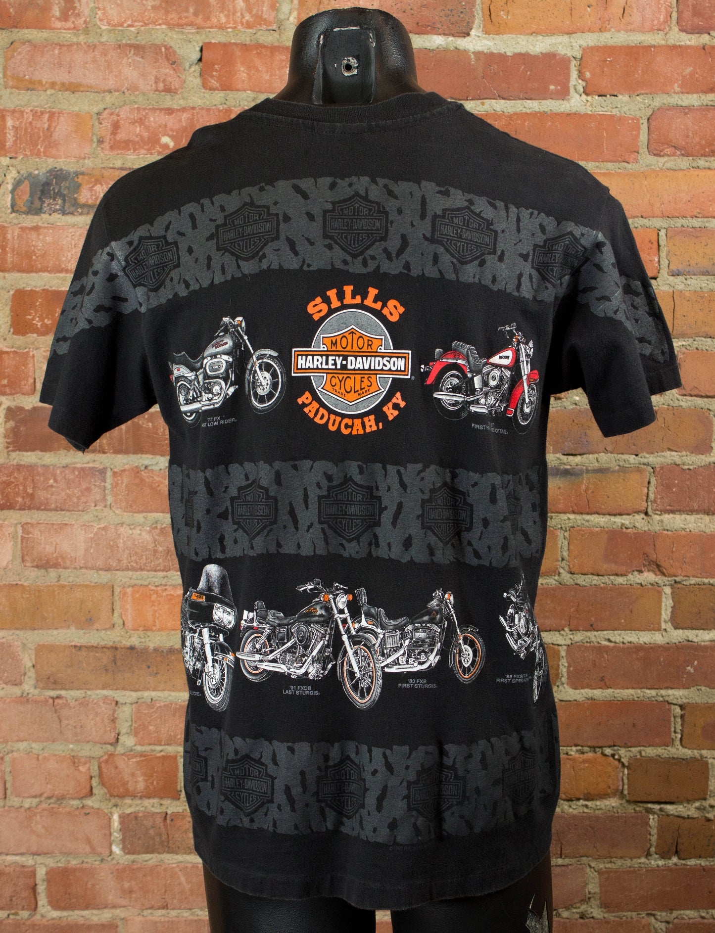 Harley Davidson 1992 90th Anniversary All Over Print Black Graphic T Shirt Unisex Medium