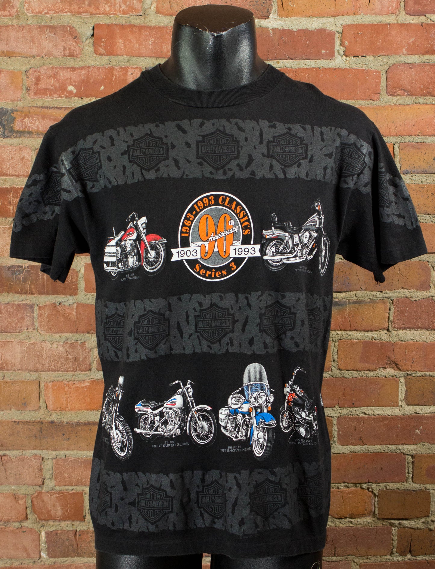 Harley Davidson 1992 90th Anniversary All Over Print Black Graphic T Shirt Unisex Medium