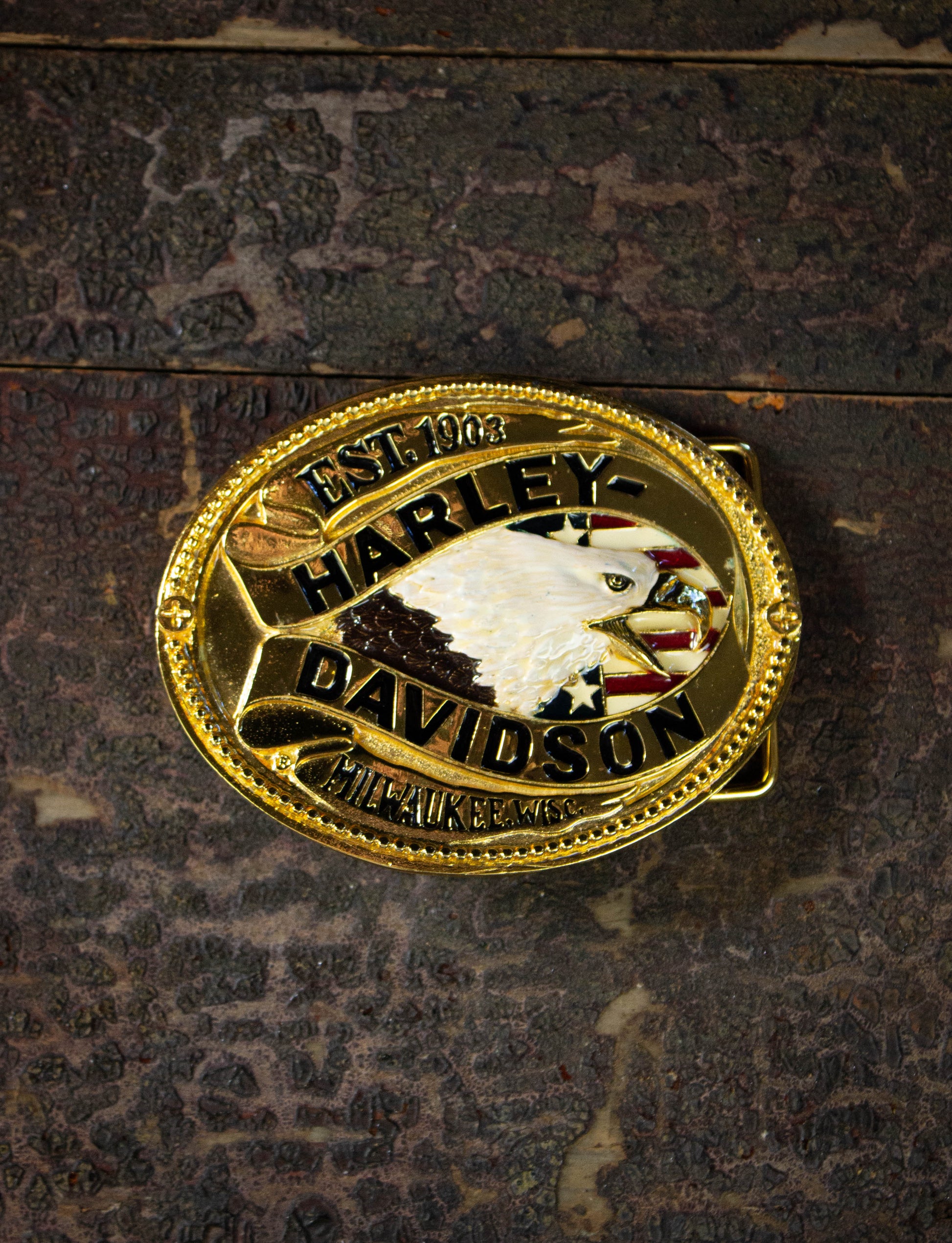 Vintage Harley Davidson Enamel Eagle Gold Belt Buckle
