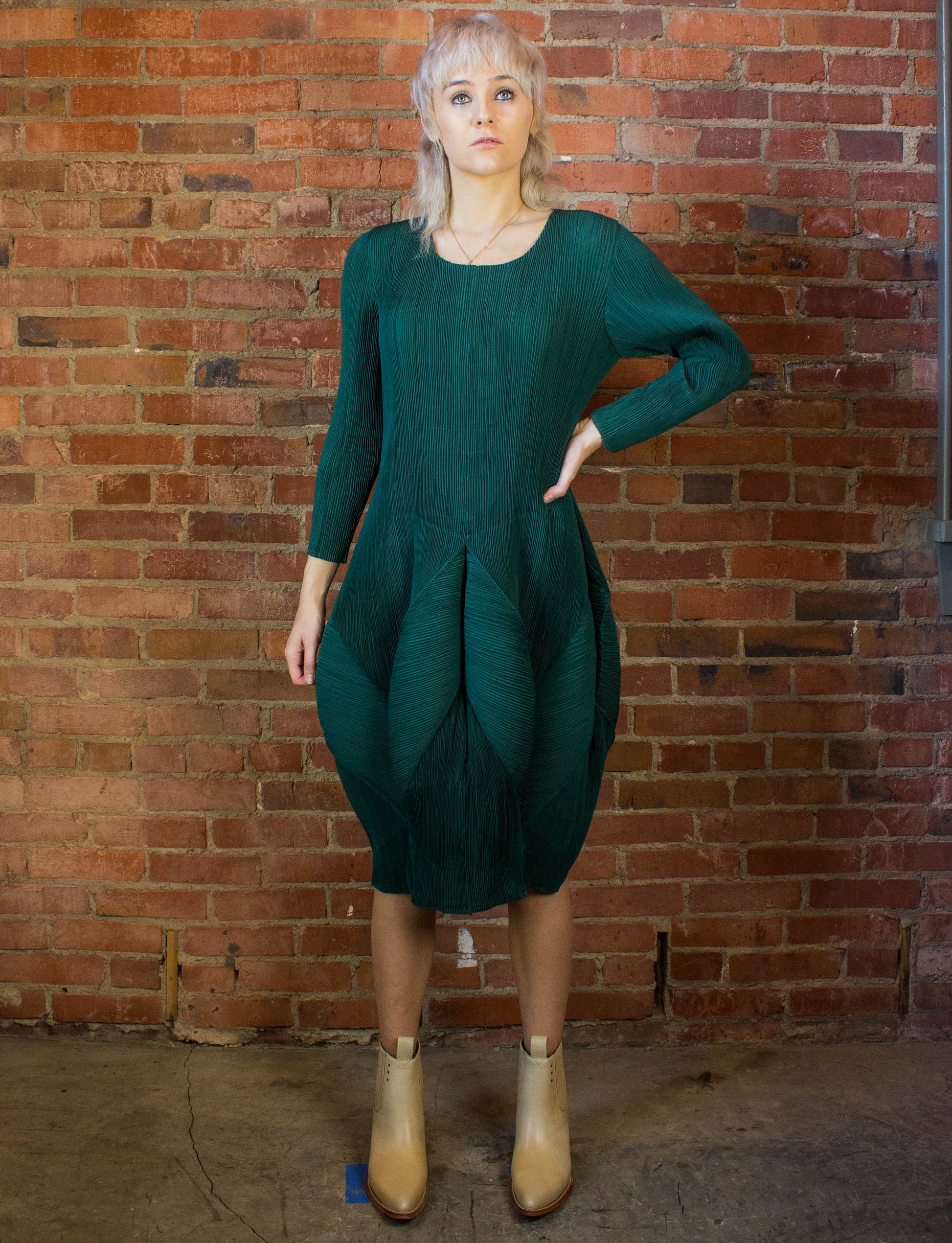 Issey Miyake Green Plisse Cocoon Dress Size Medium