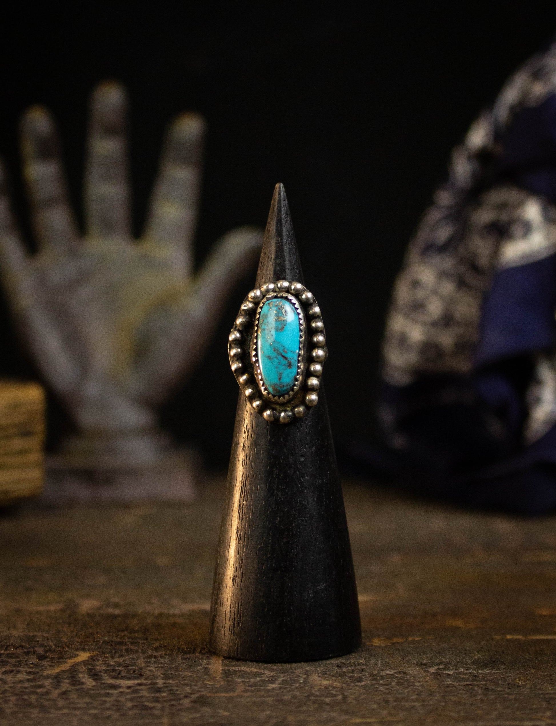 Vintage Sterling Silver Turquoise Ring with Beaded Bezel Size 5 3/4