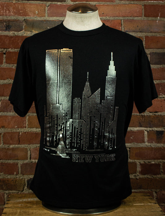 Vintage 80s New York Skyline Twin Towers Silver on Black Graphic T Shirt L/XL