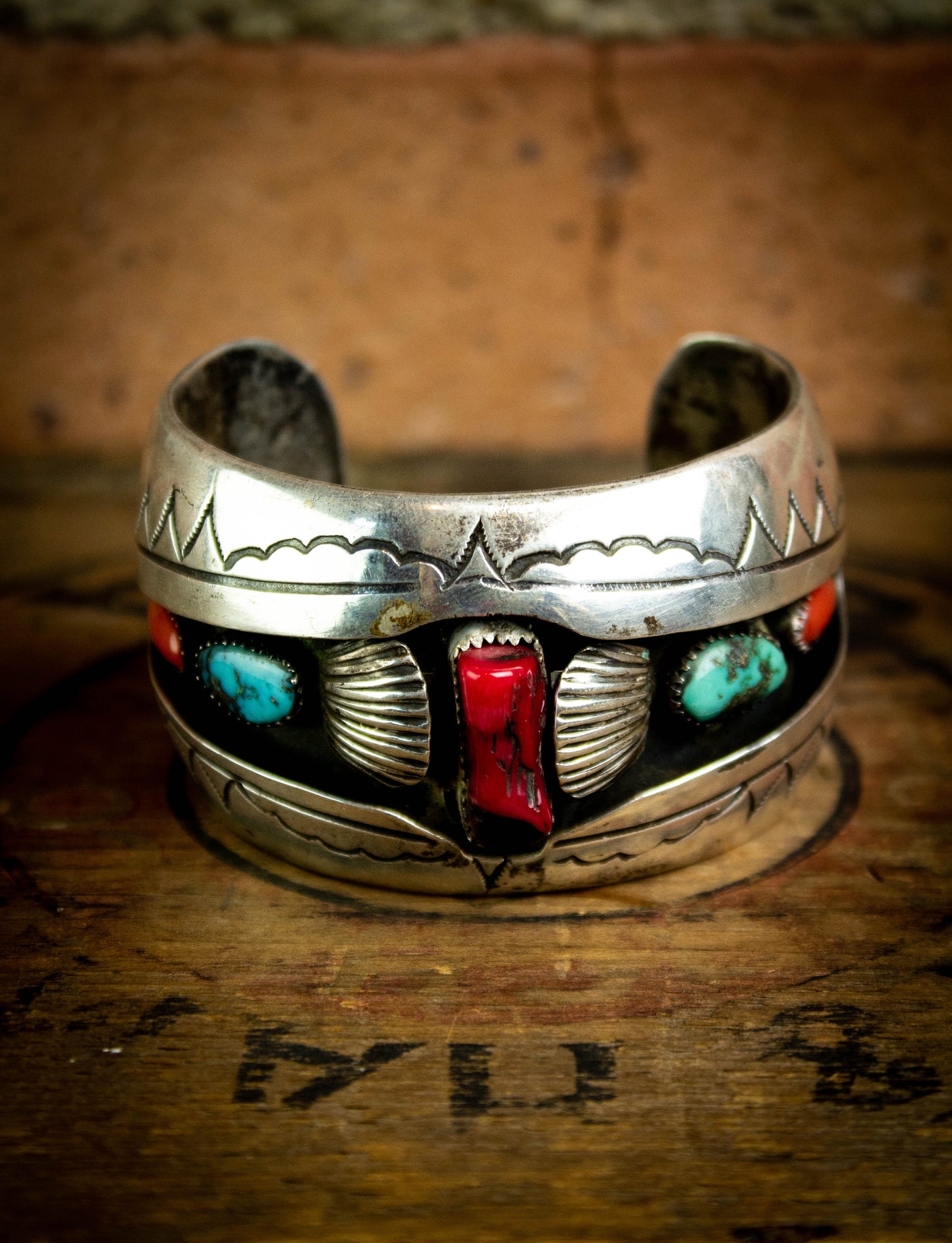 Vintage Silver Turquoise and Coral Wrist Cuff Bracelet