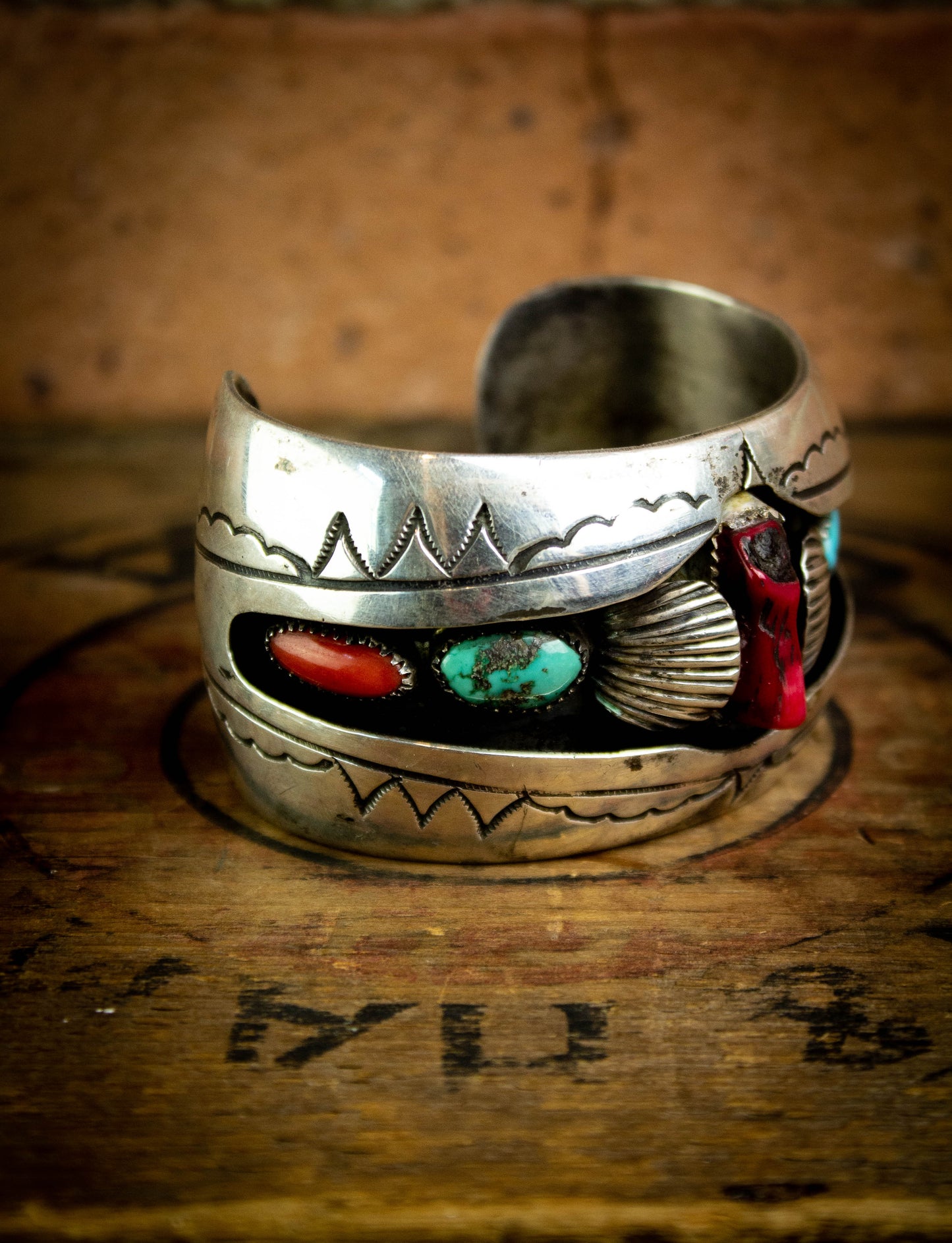 Vintage Silver Turquoise and Coral Wrist Cuff Bracelet