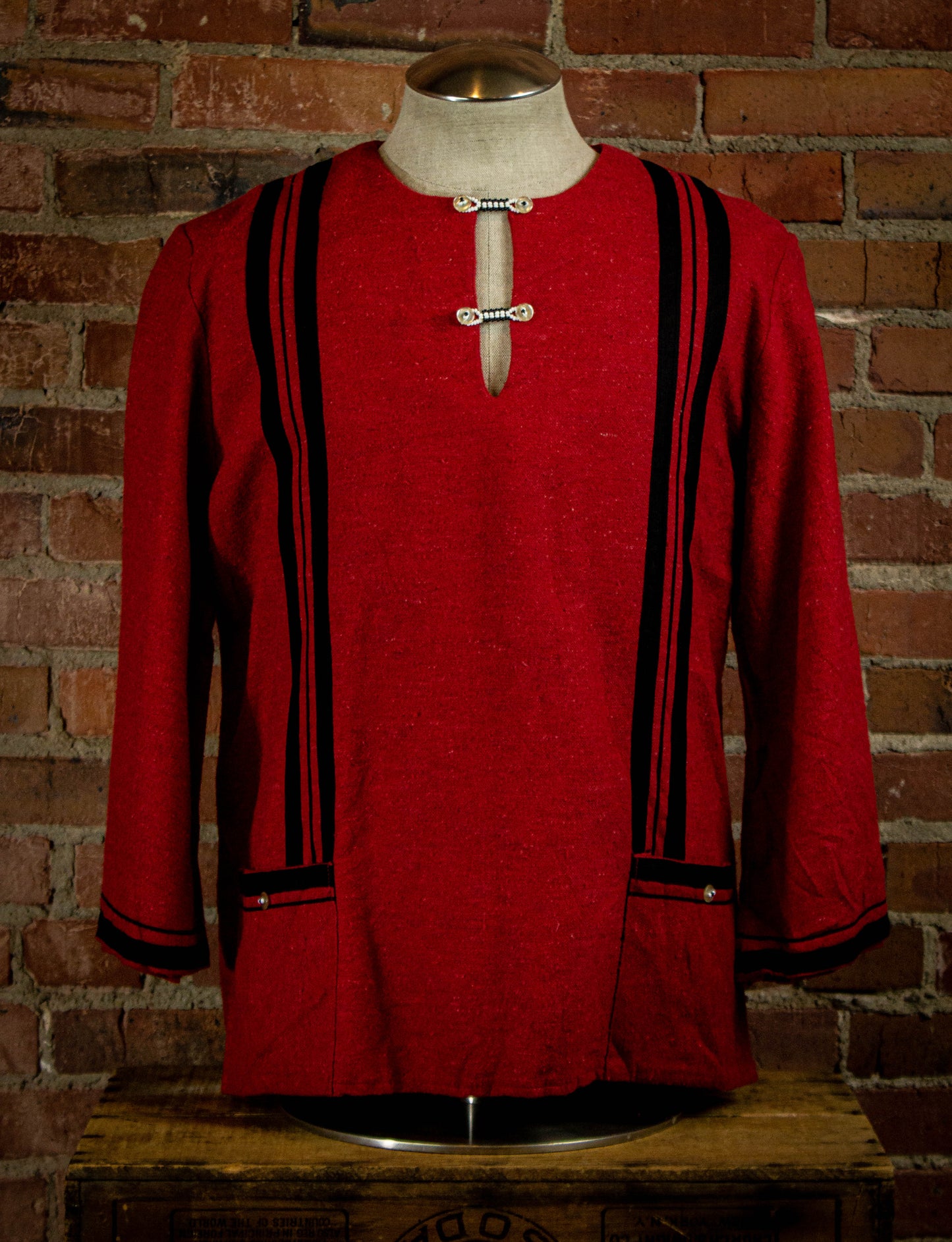 Vintage It's Nue Tunic Red w Black Stripes & Shell Buttons M/L
