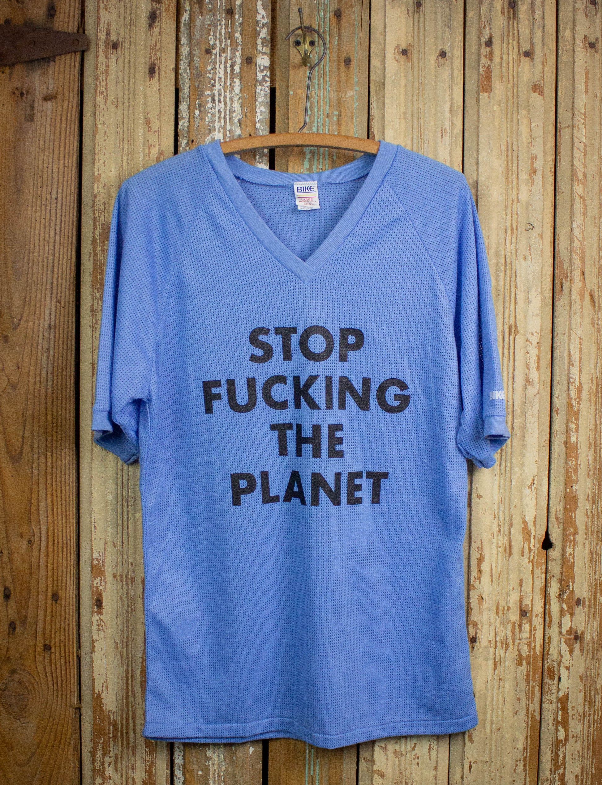 Stop Fucking The Planet Jersey Mesh T Shirt Blue Large