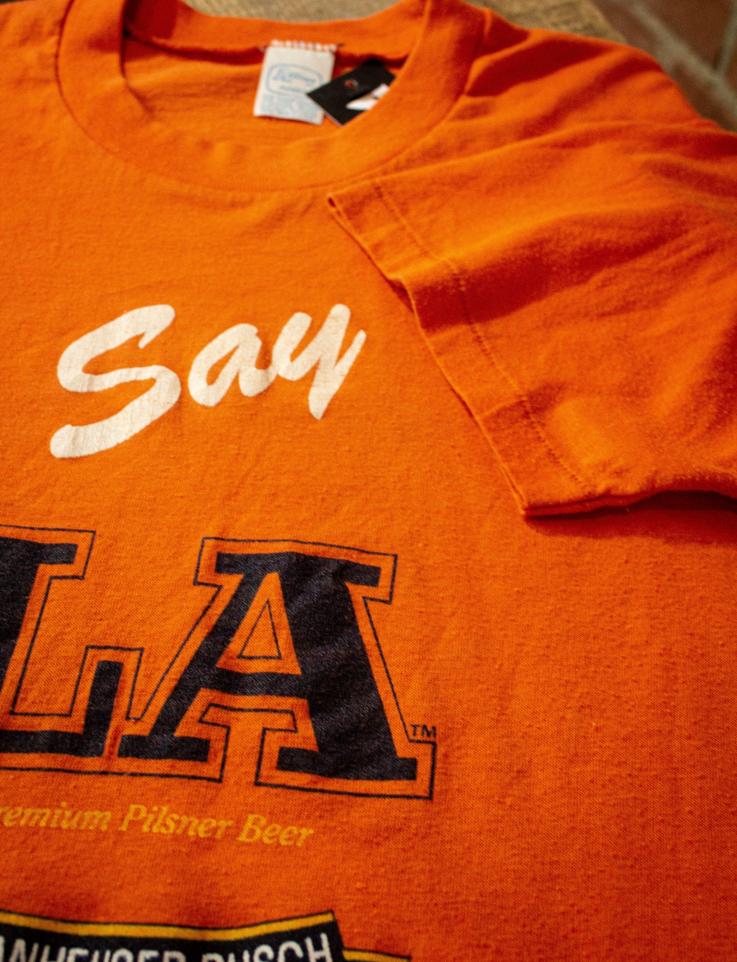 Vintage 80's Say LA Beer Annheuser-Busch Orange Graphic T Shirt Unisex Large