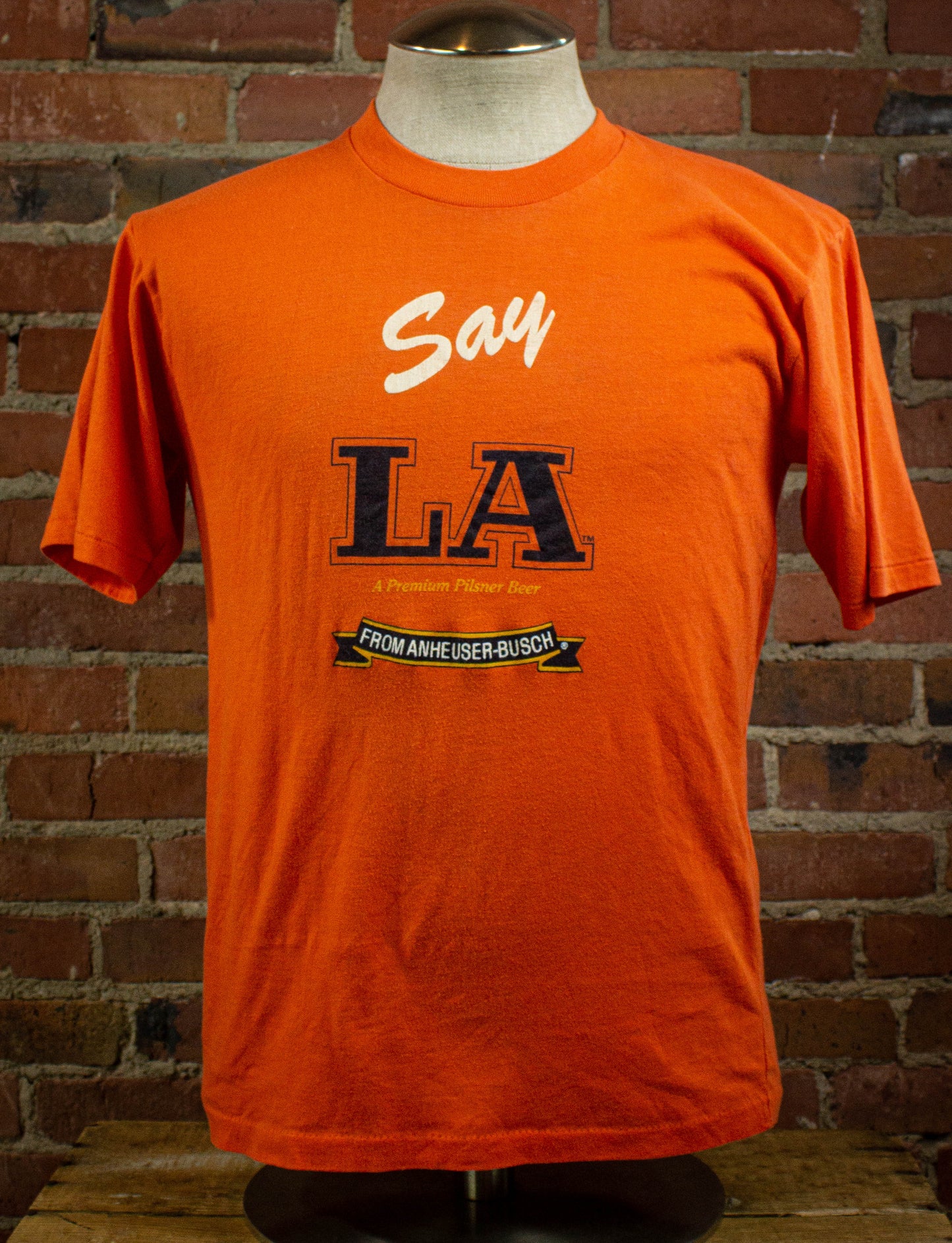 Vintage 80's Say LA Beer Annheuser-Busch Orange Graphic T Shirt Unisex Large