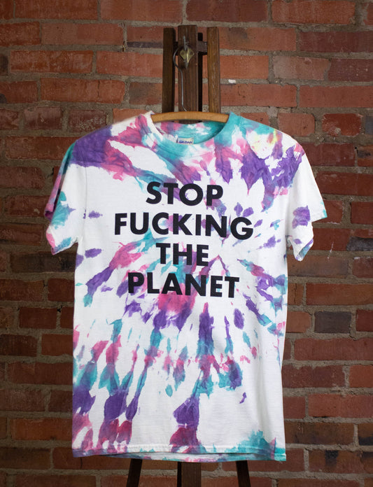 Stop Fucking The Planet Tie Die T Shirt Purple Pink and Blue Small